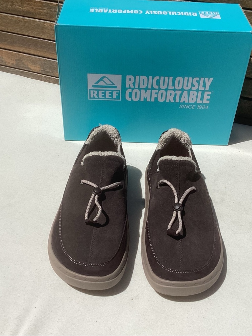 Reef Rambler Men's Dark Brown Suede Slip-On Loafers with Cream Lining, size 12